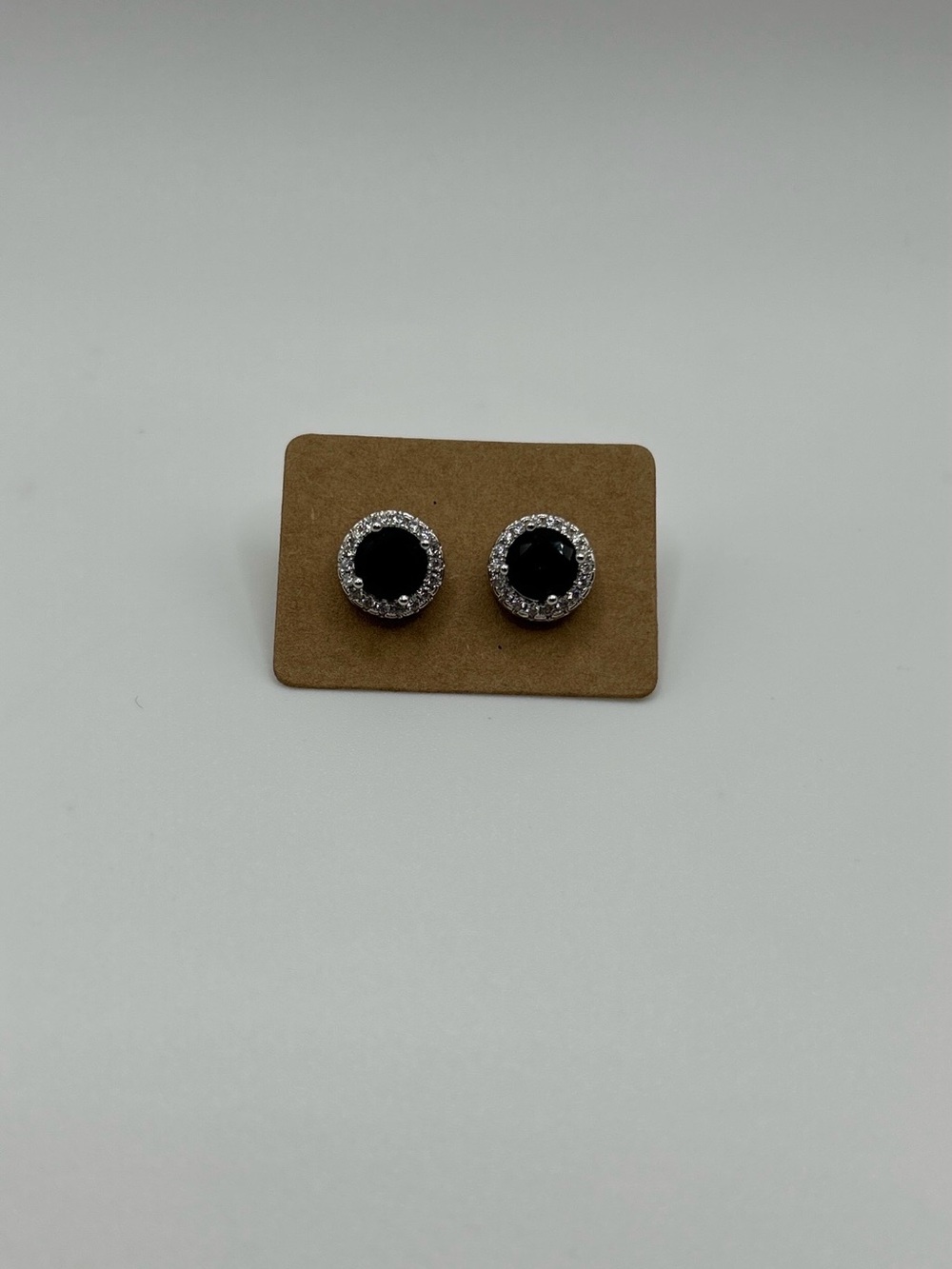 Sterling Silver Stud Earrings with Black Center Stone and Cubic Zirconia Halo
